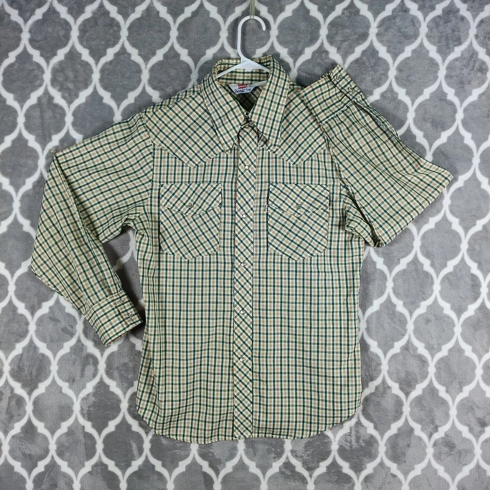 VTG LEvis Panatela Western Shirt Men M Green Brown Big E Snap UP Dagger Collar